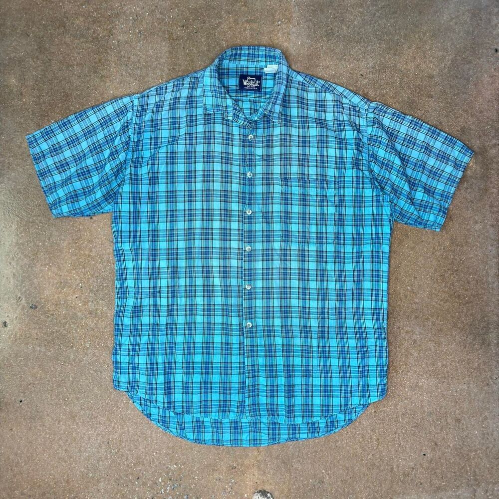 Vintage Woolrich Plaid Shirt Large Blue Short Sleeve Button Up Made USA